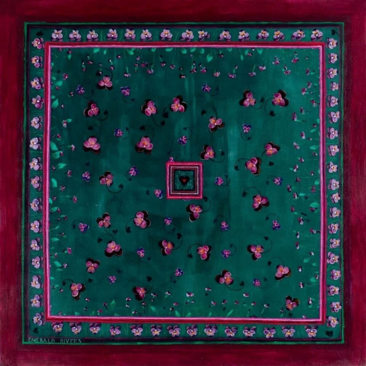 EMERALD RIVERS didelė šilko skara Love You Forever Emerald & Burgundy 100 × 100 cm 2